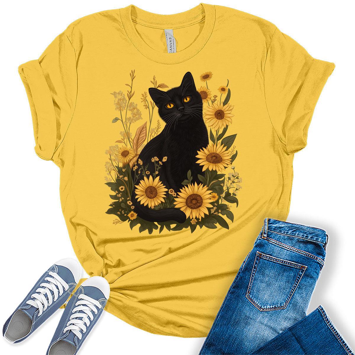 Womens Cat Shirts Sunflower Vintage Graphic Tees Spring Cottagecore T Shirts Bella Summer Tops