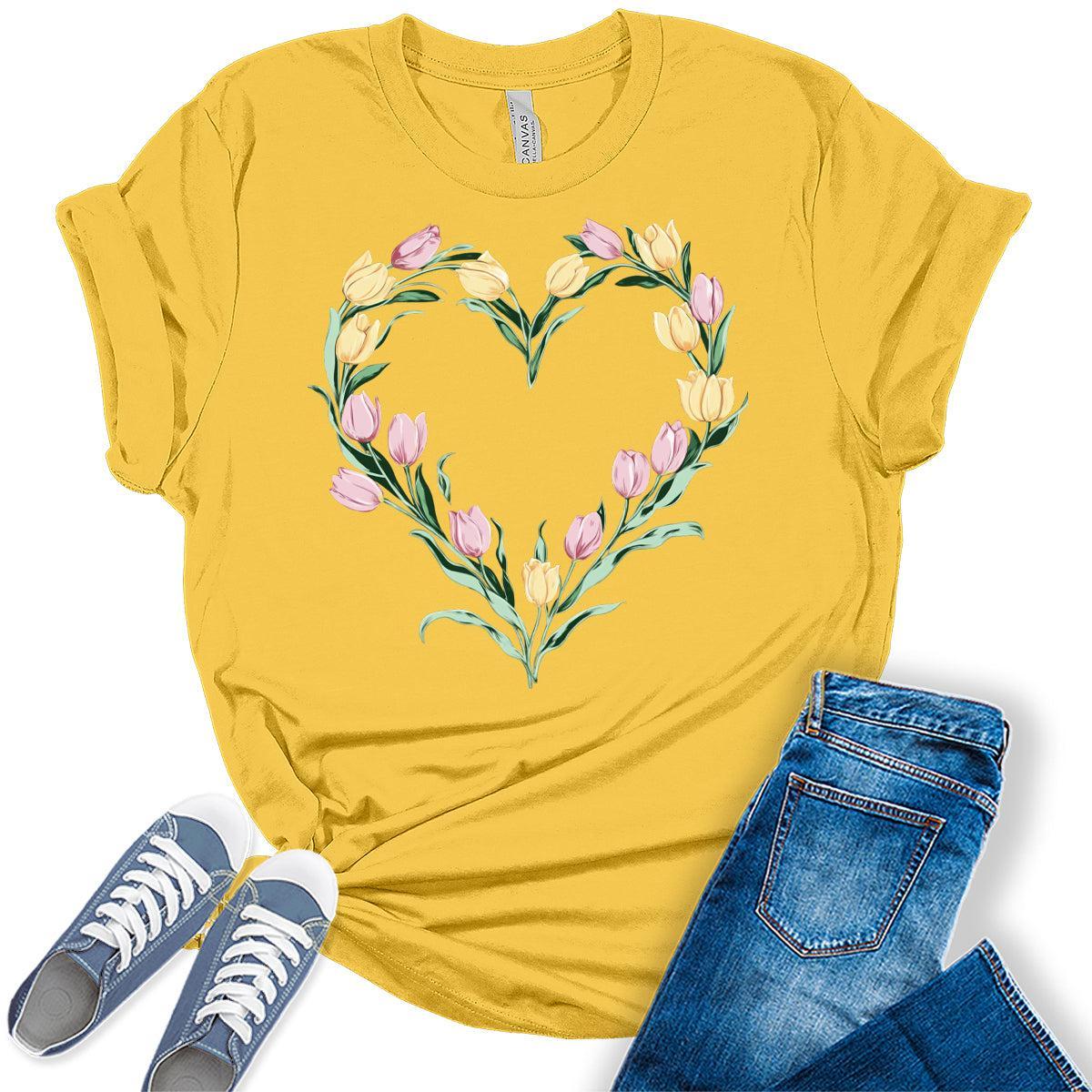 Womens Floral Heart Shirts Vintage Tulip Graphic Tees Spring Cottagecore T Shirts Bella Summer Tops