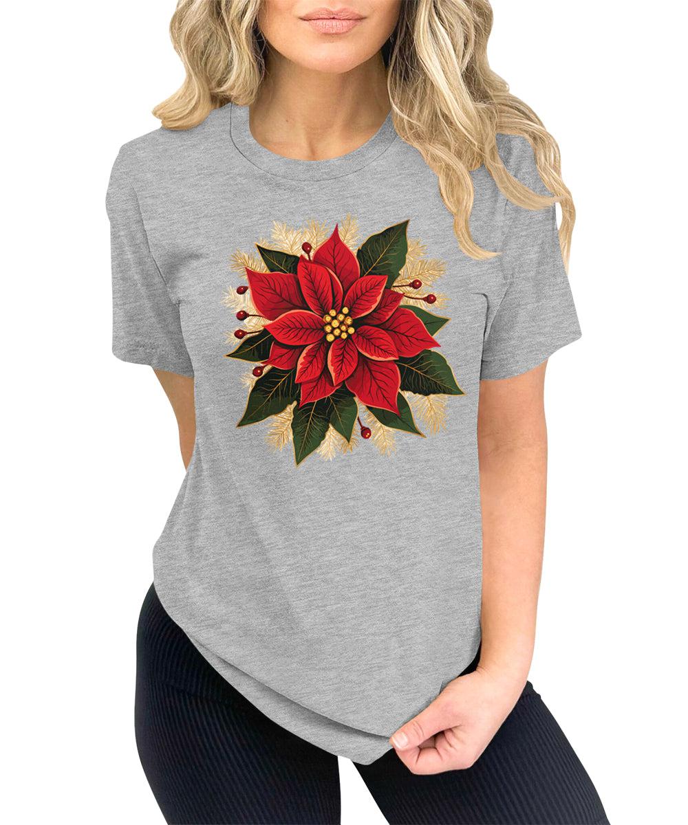 Christmas Shirts for Women Poinsettias Flower Graphic Tees Holiday Xmas Tshirts
