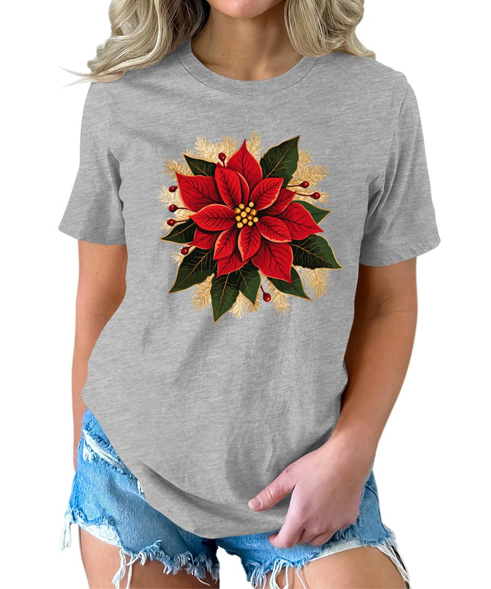 Christmas Shirts for Women Poinsettias Flower Graphic Tees Holiday Xmas Tshirts