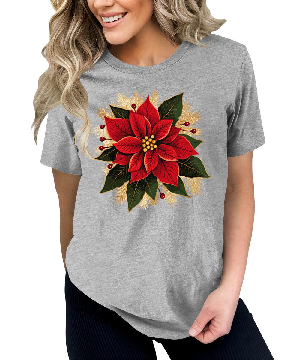 Christmas Shirts for Women Poinsettias Flower Graphic Tees Holiday Xmas Tshirts