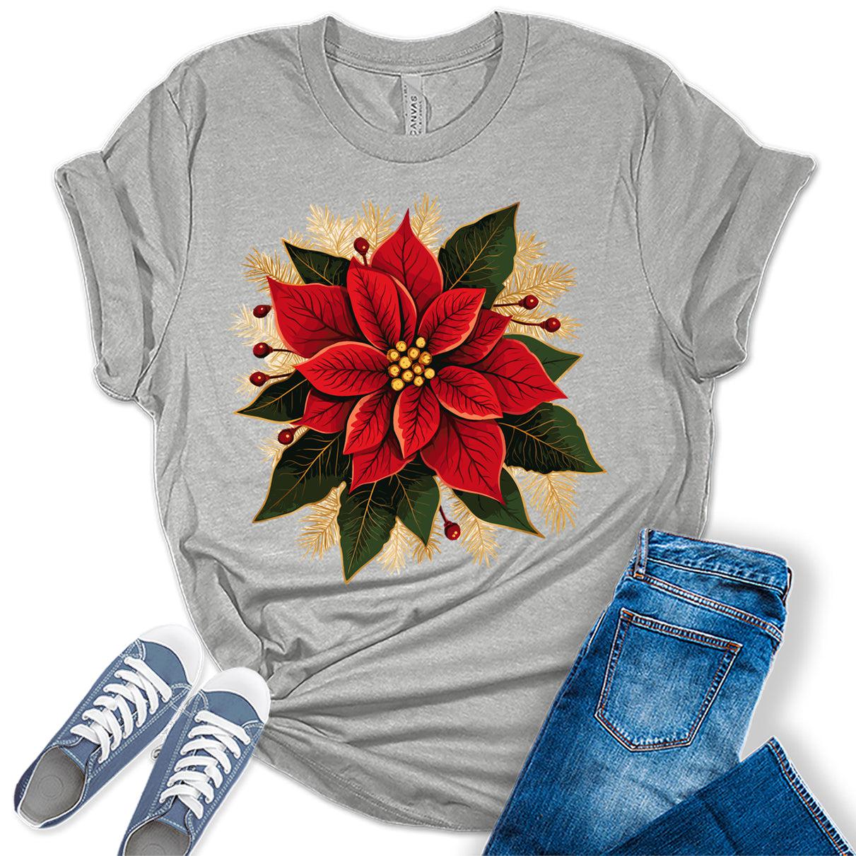 Christmas Shirts for Women Poinsettias Flower Graphic Tees Holiday Xmas Tshirts