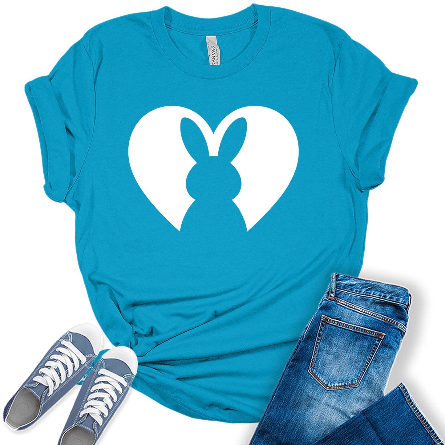 Women's Cute Easter Bunny Heart Shirt Trendy Casual Graphic Tees Bella Plus Sized Tops