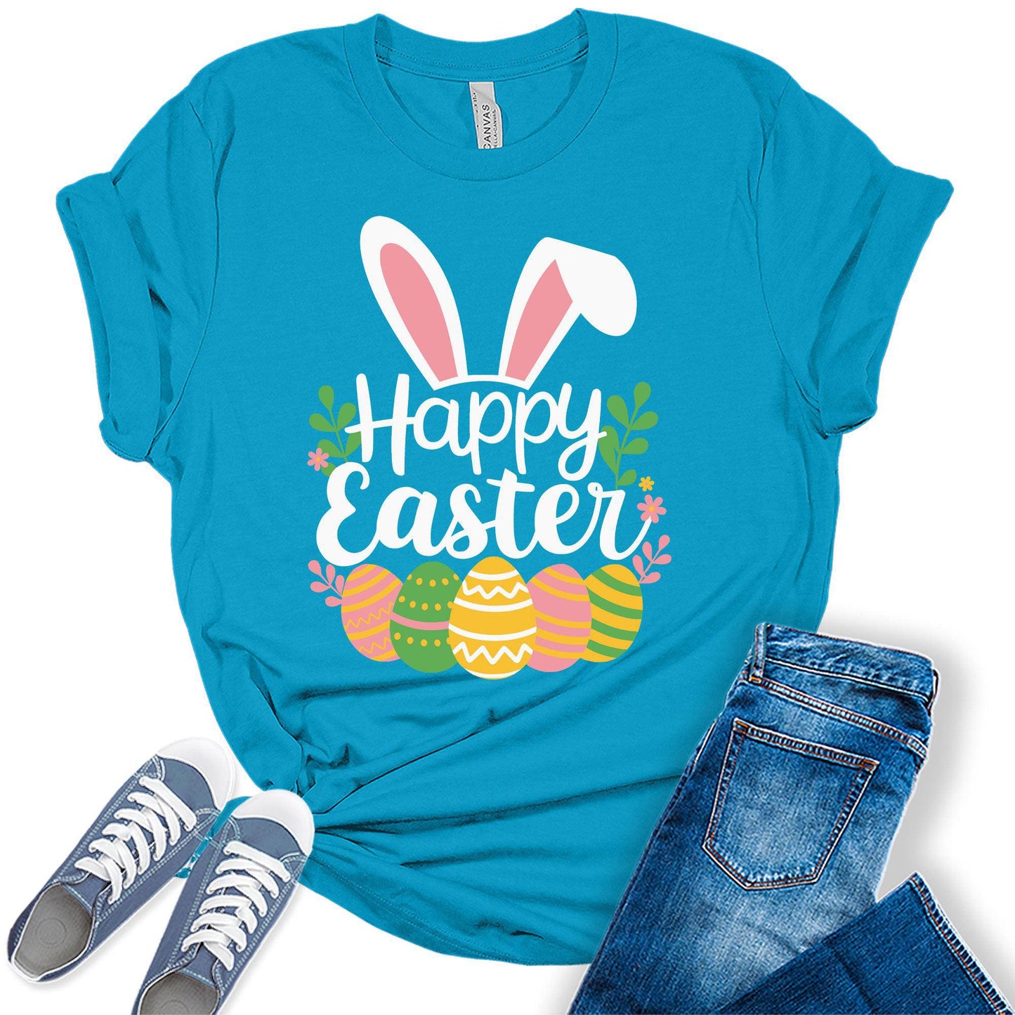 Women's Happy Easter Shirt Bunny Eggs Cute Trendy Casual Graphic Tees Bella Plus Sized Tops
