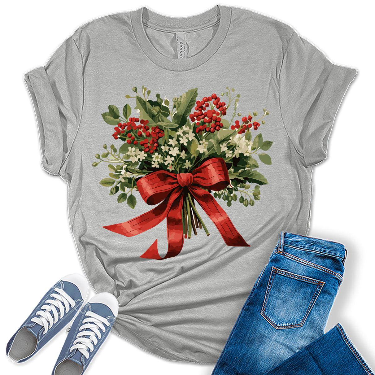 Christmas Shirt for Women Holly Graphic Tees Cute Floral Tops