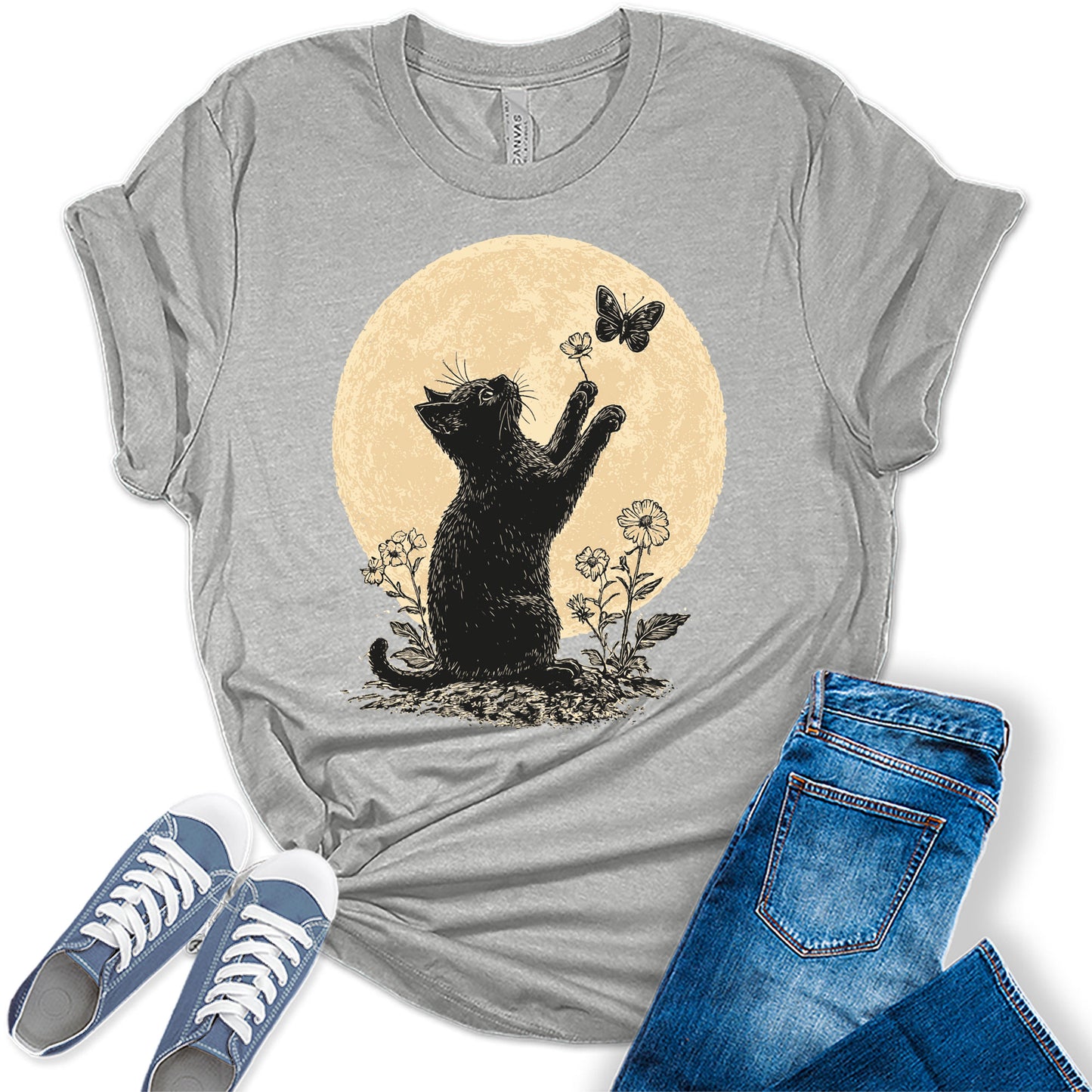 Women's Fall Shirt Black Cat Moon T Shirt Floral Butterfly Graphic Tees