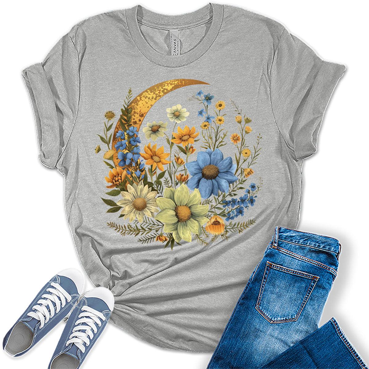 Crescent Moon Flowers Shirt Cottagecore Aesthetic Floral Graphic Tees for Women