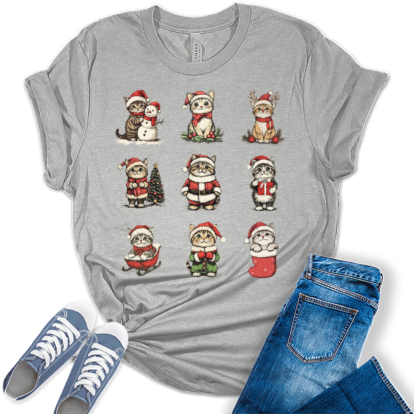Women's Christmas Shirt Cute Funny Cat Shirt Short Sleeve Festive Holiday Graphic Tees