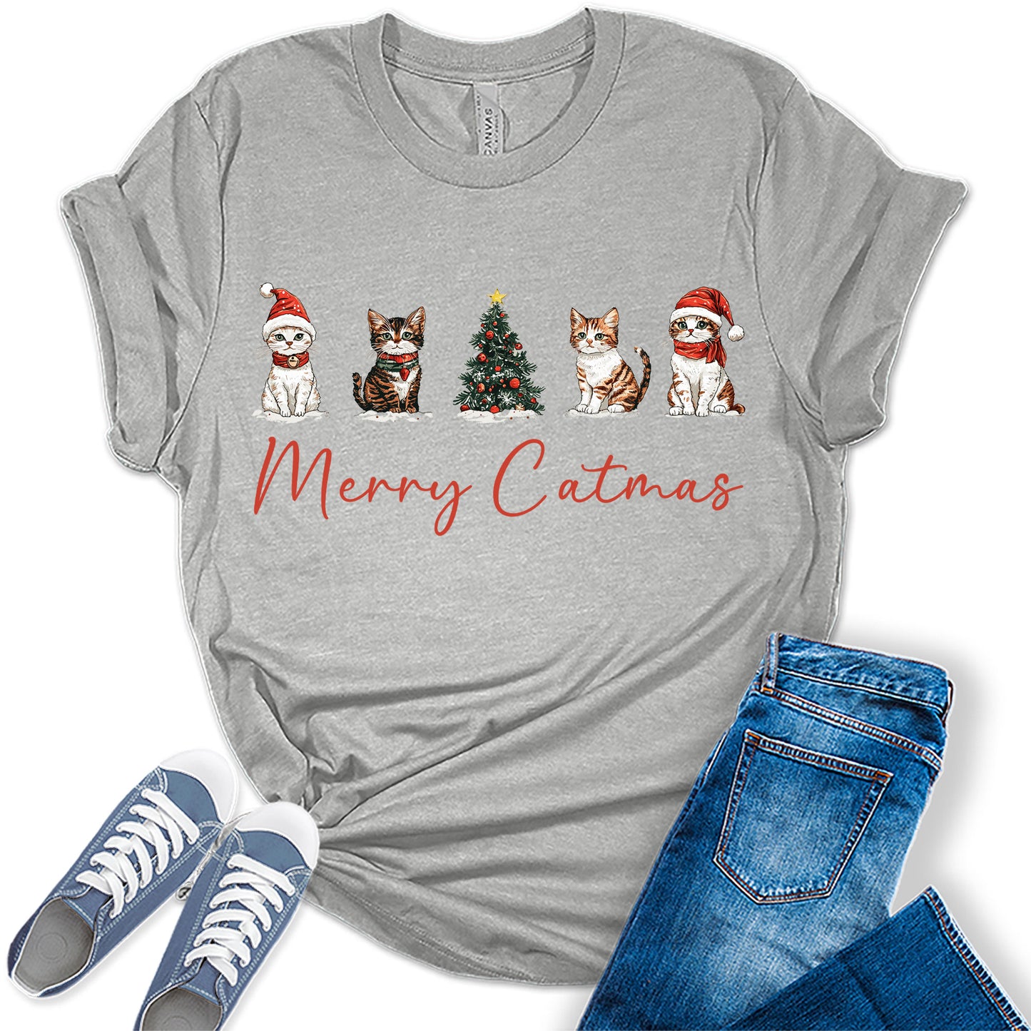 Women's Cute Santa Kittens Merry Catmas Christmas Graphic Tees