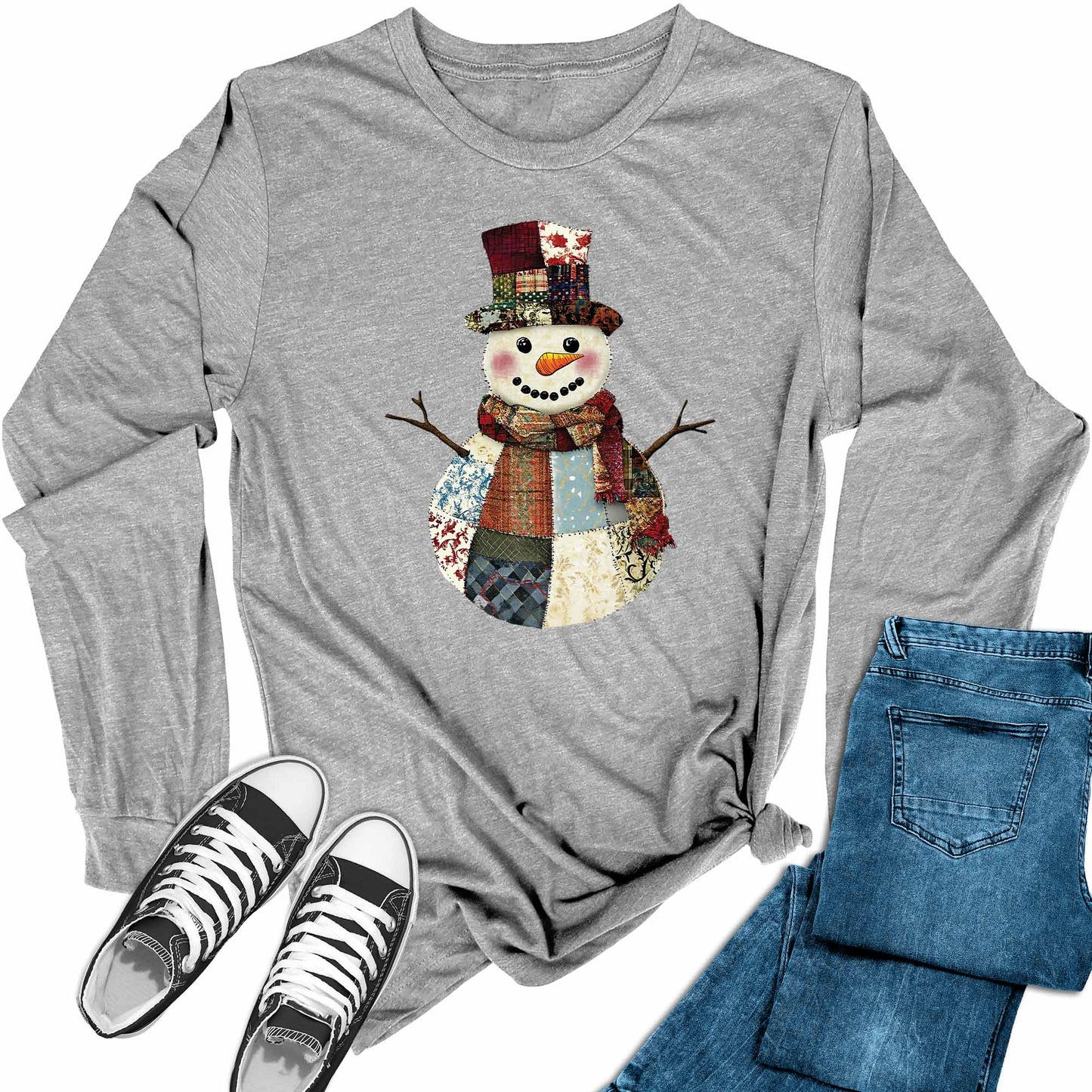 Women's Patch Snowman Christmas Holiday Long Sleeve Graphic Tees