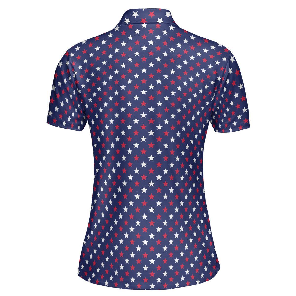 4th of July Blue Polo Patriotic Golf Shirt for Women Red and White Stars Moisture Wicking Summer Top