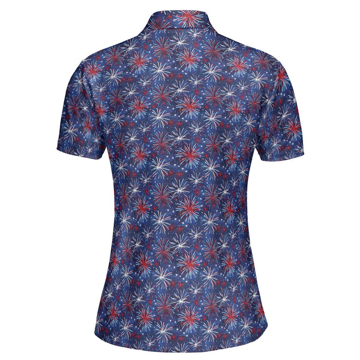 4th of July Blue Polo Patriotic Golf Shirt for Women Red White Blue Fireworks Moisture Wicking Summer Top