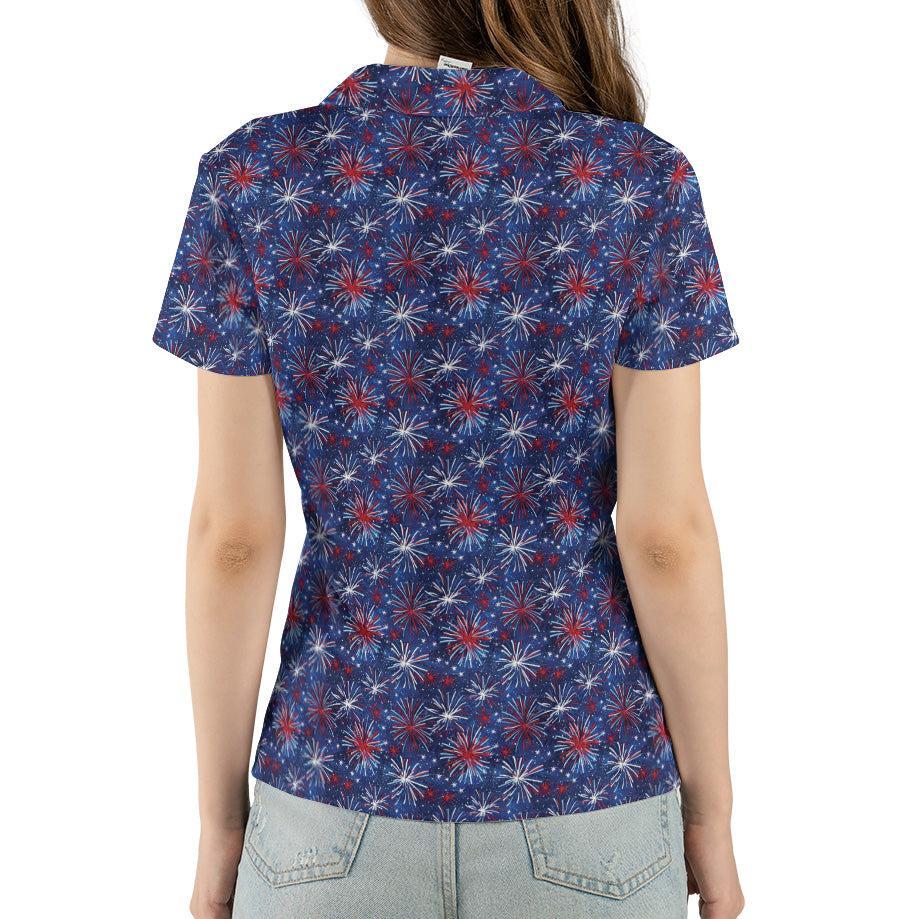 4th of July Blue Polo Patriotic Golf Shirt for Women Red White Blue Fireworks Moisture Wicking Summer Top