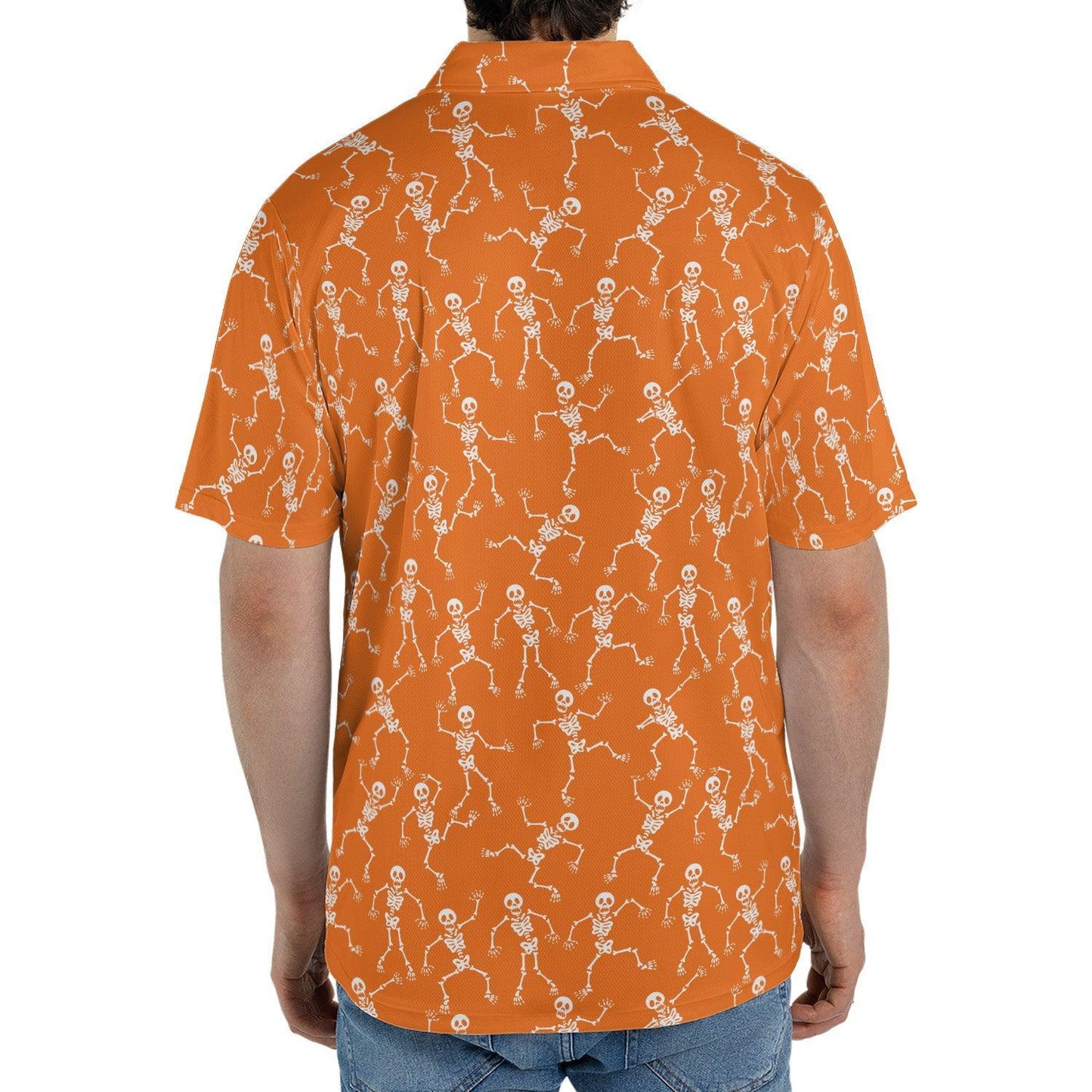 Halloween Skeleton Polo Shirt for Men Orange White Moisture Wicking Short Sleeve Golf Top