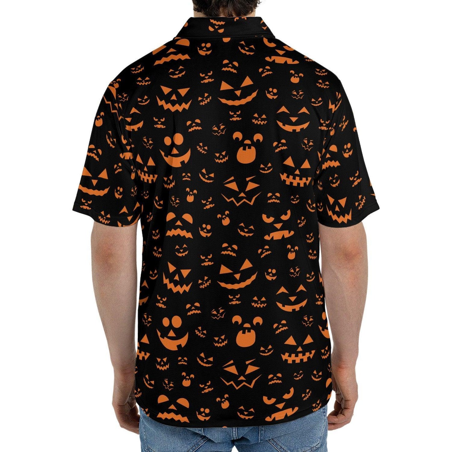 Halloween Jack O Lantern Polo Shirt for Men Black Orange Moisture Wicking Short Sleeve Golf Top