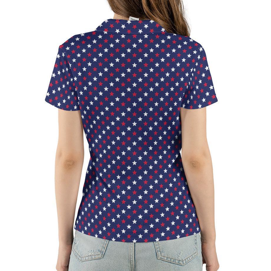 4th of July Blue Polo Patriotic Golf Shirt for Women Red and White Stars Moisture Wicking Summer Top