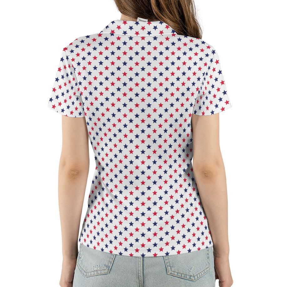 4th of July White Polo Patriotic Golf Shirt for Women Red and Blue Stars Moisture Wicking Summer Top
