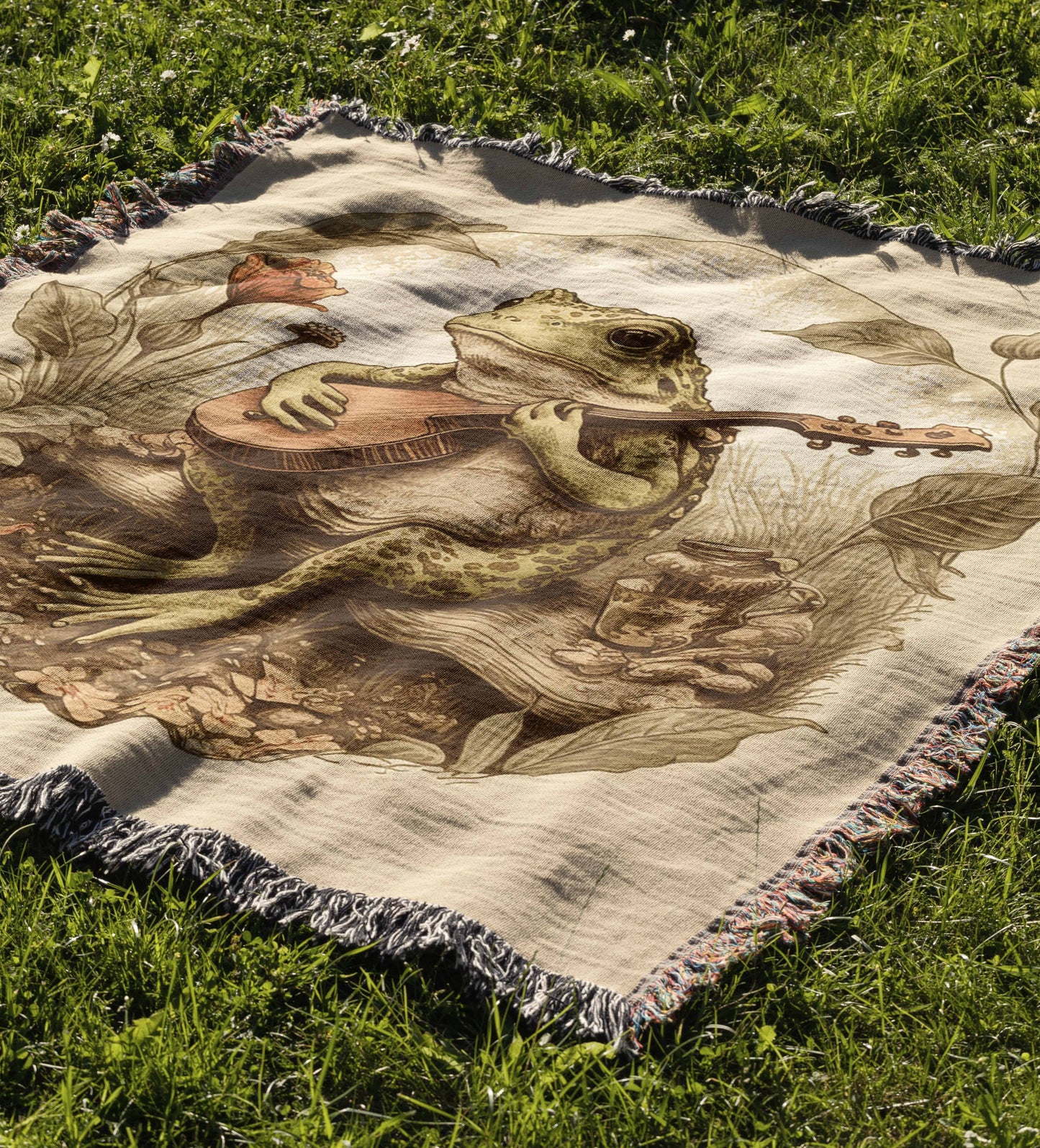 Frog Playing Banjo Cottagecore 50" x 60" Gift Woven Jacquard Blanket