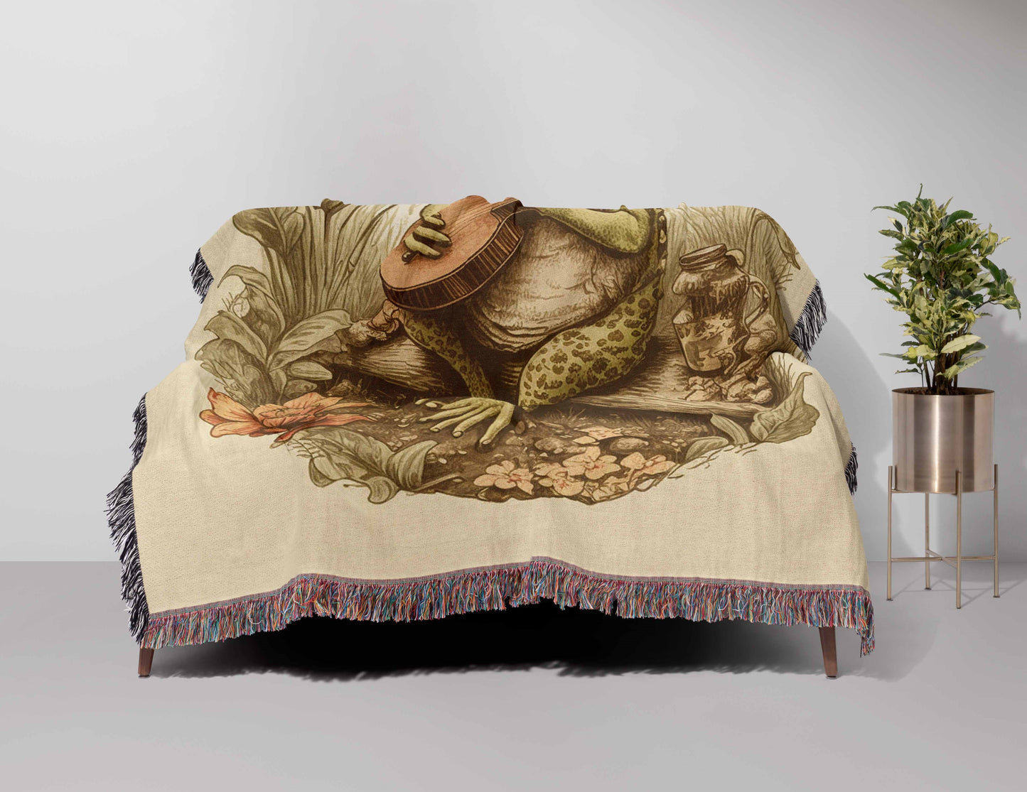 Frog Playing Banjo Cottagecore 50" x 60" Gift Woven Jacquard Blanket
