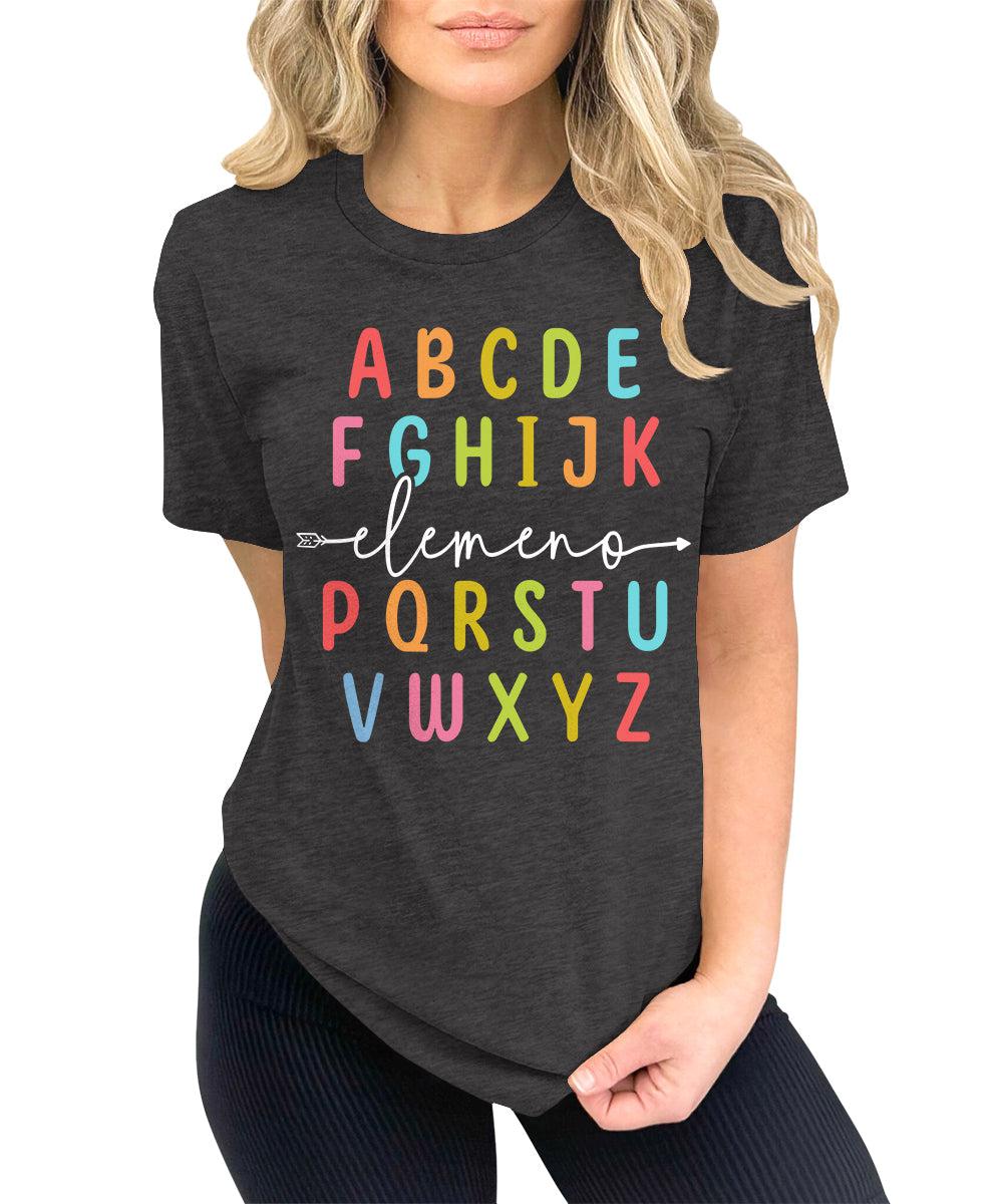 Teacher Shirts ABC Alphabet Elemeno Graphic Tees for Women Letter Print Tops Student T-Shirt