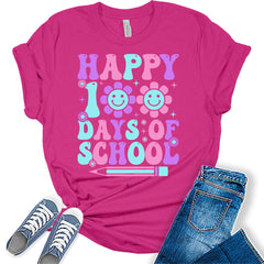 Happy 100 Days of School Shirts Teacher T Shirtshort Sleeve Graphic Tees for Women