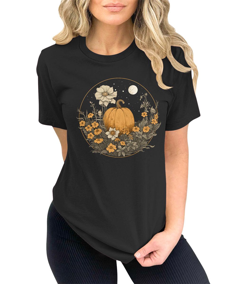Pumpkin Cottagecore T-Shirt Womens Graphic Tees Vintage Flower Fall Shirts Girls Vintage Halloween Thanksgiving Tops