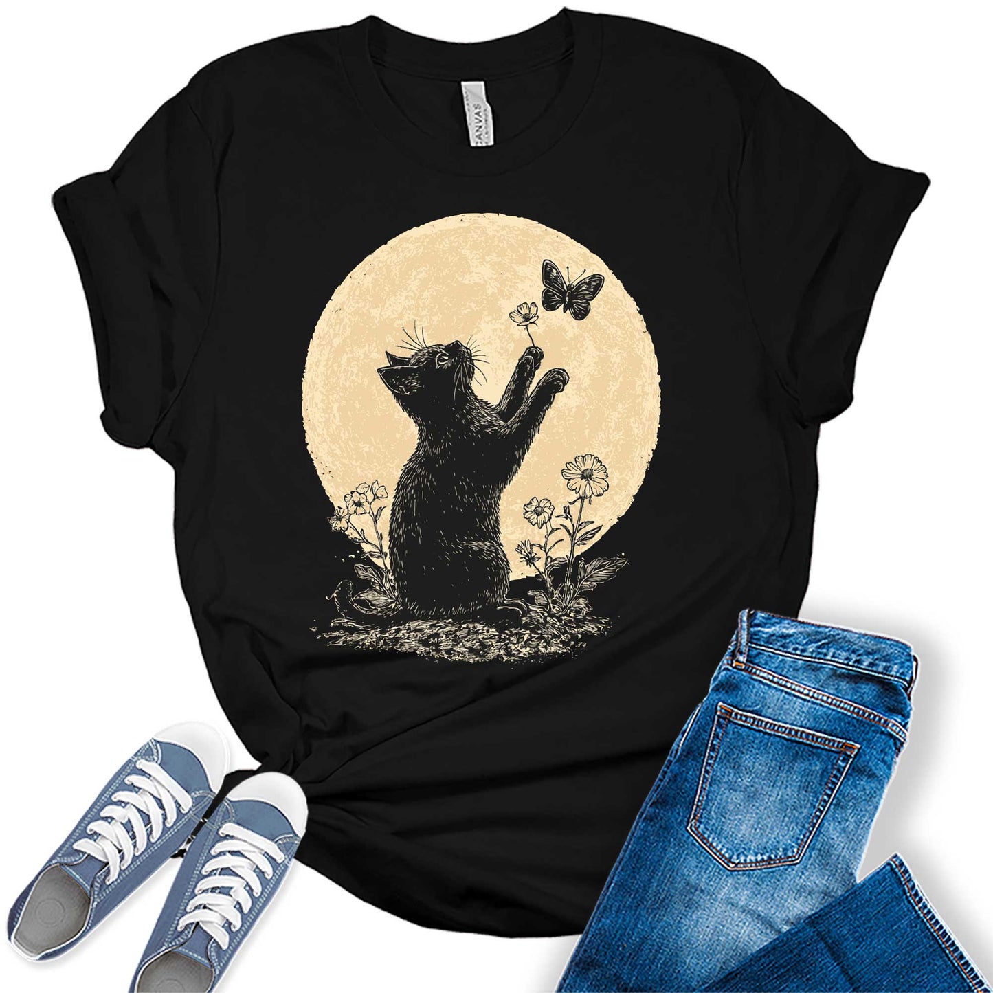 Women's Fall Shirt Black Cat Moon T Shirt Floral Butterfly Graphic Tees