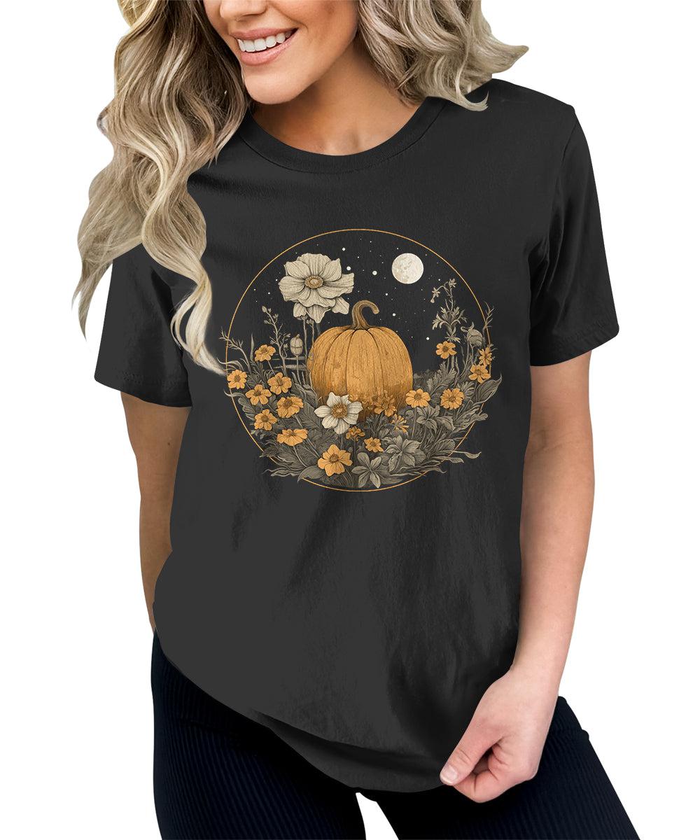 Pumpkin Cottagecore T-Shirt Womens Graphic Tees Vintage Flower Fall Shirts Girls Vintage Halloween Thanksgiving Tops