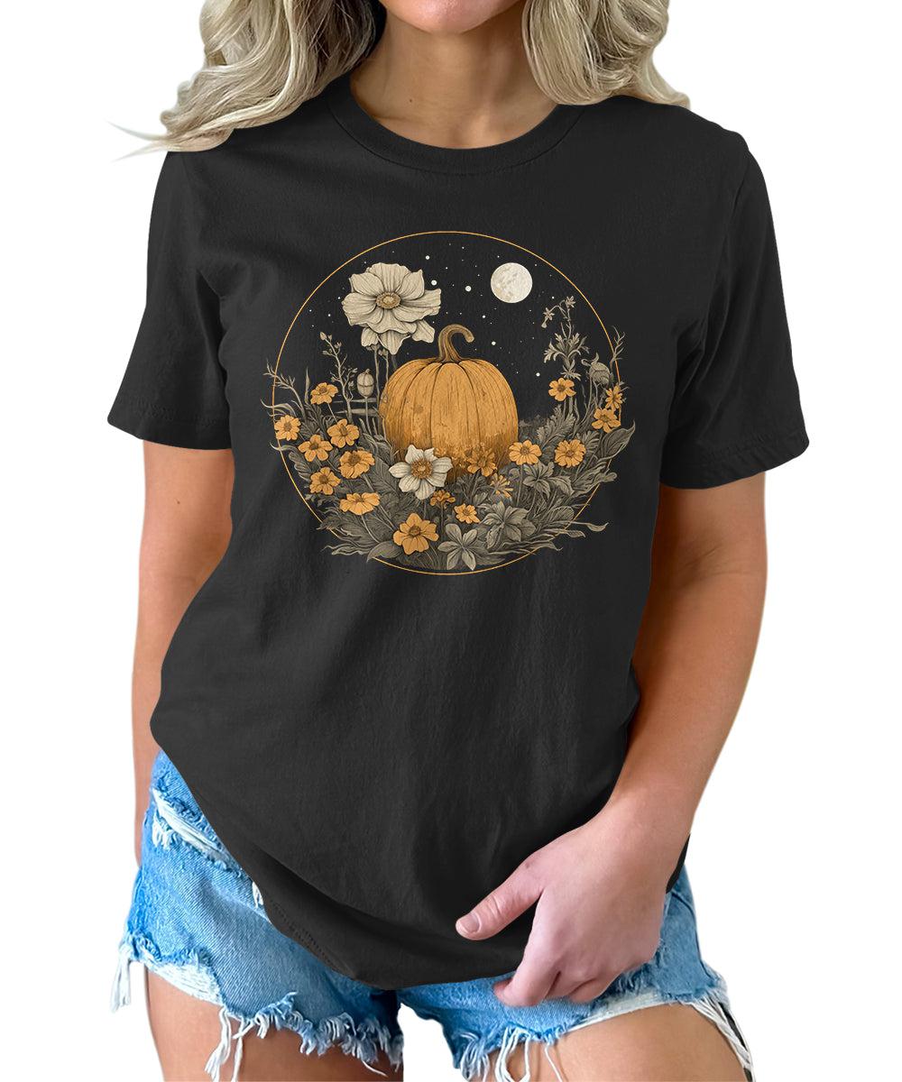 Pumpkin Cottagecore T-Shirt Womens Graphic Tees Vintage Flower Fall Shirts Girls Vintage Halloween Thanksgiving Tops