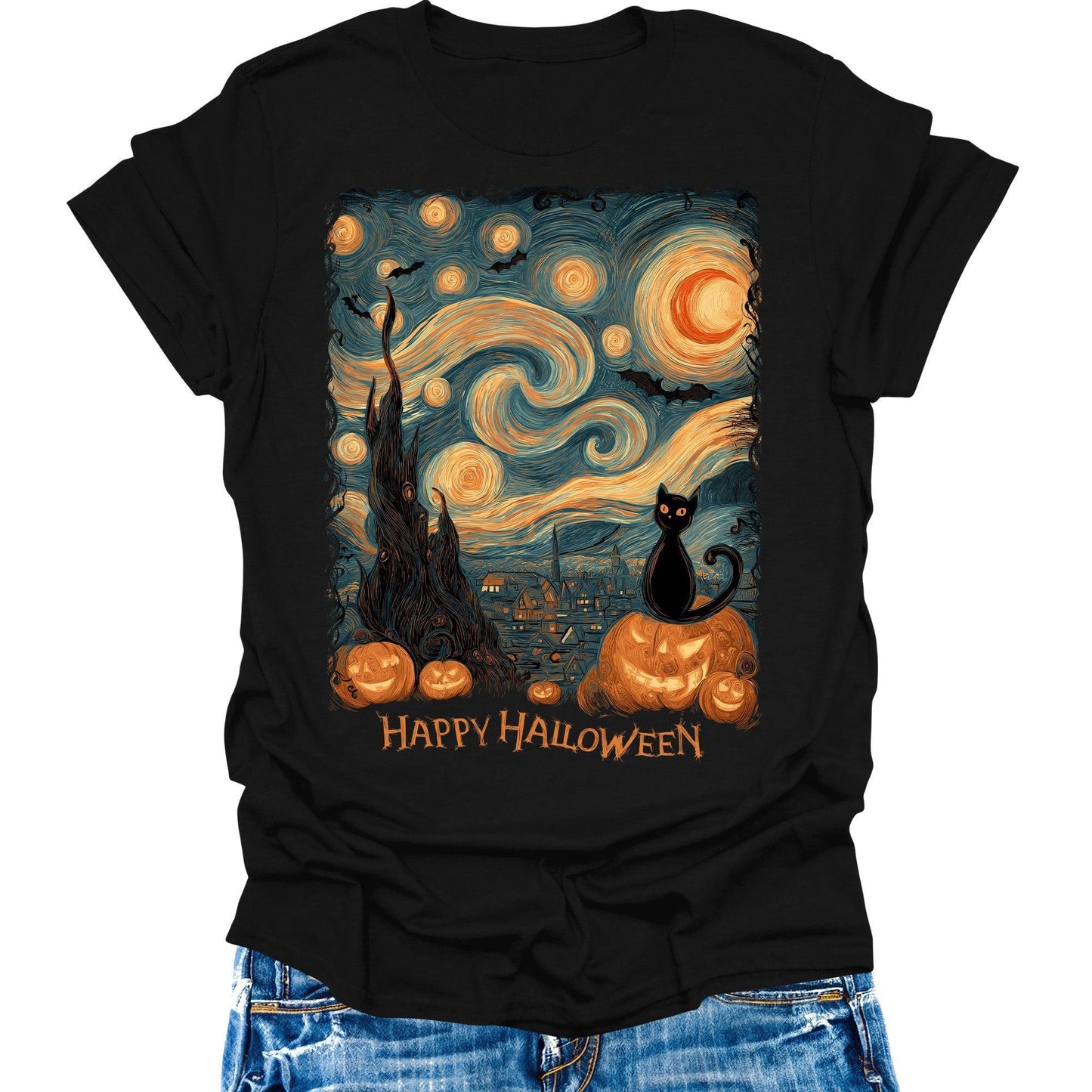 Funny Cat T- Shirt Happy Halloween Starry Night Pumpkin Shirts Womens Graphic Tees
