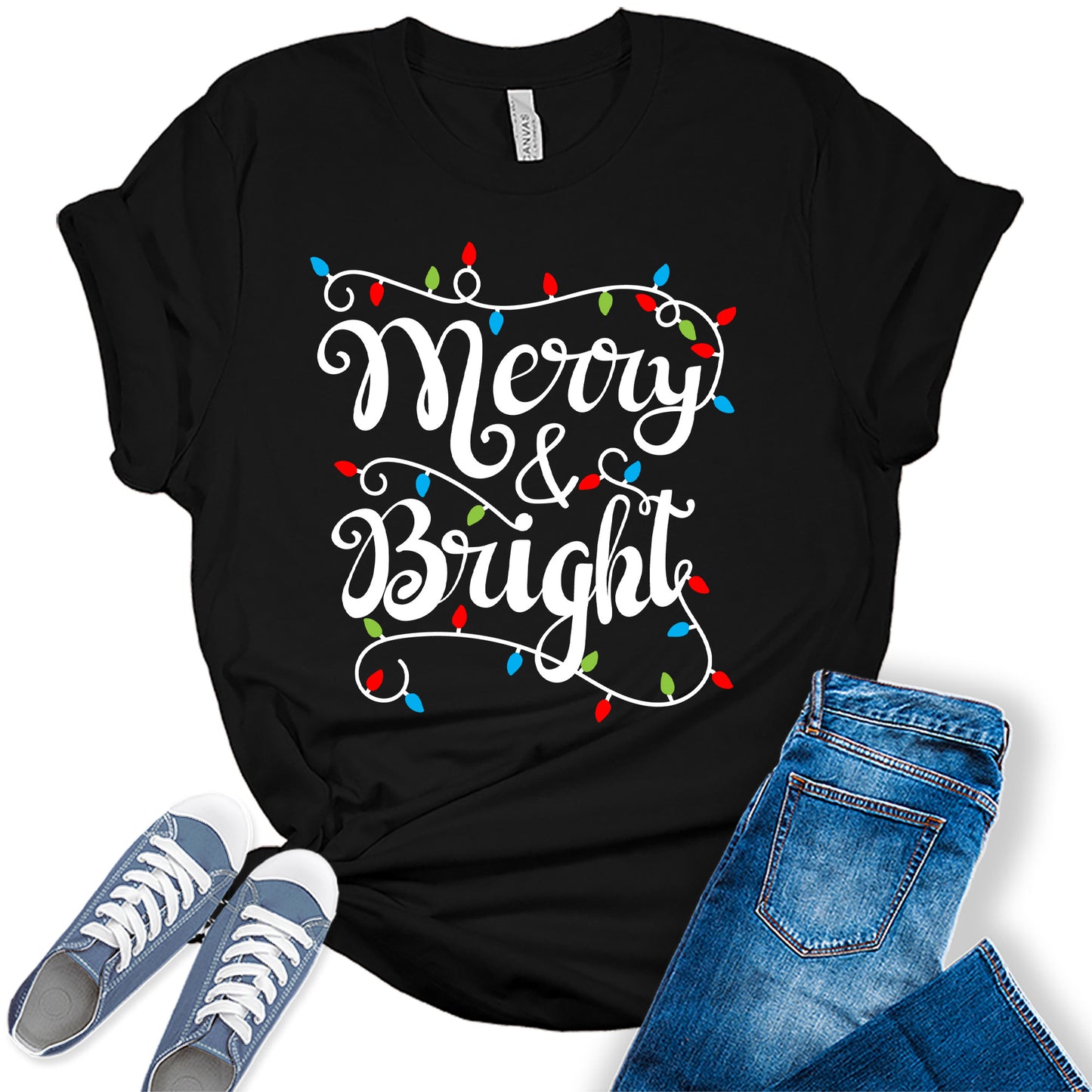 Christmas Shirts Womens Merry and Bright Shirt Holiday Xmas Tshirt Christmas Lights Tees