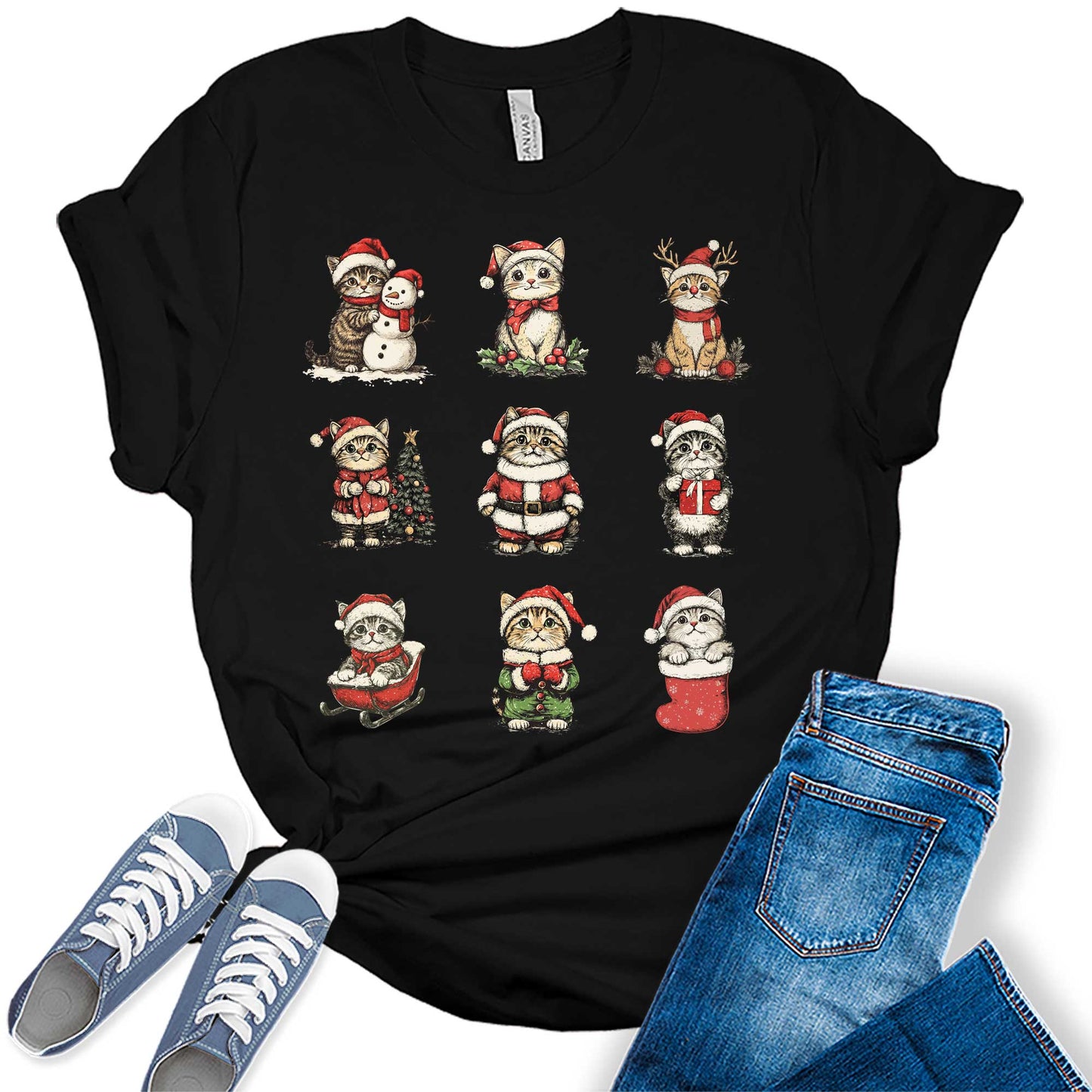 Women's Christmas Shirt Cute Funny Cat Shirt Short Sleeve Festive Holiday Graphic Tees