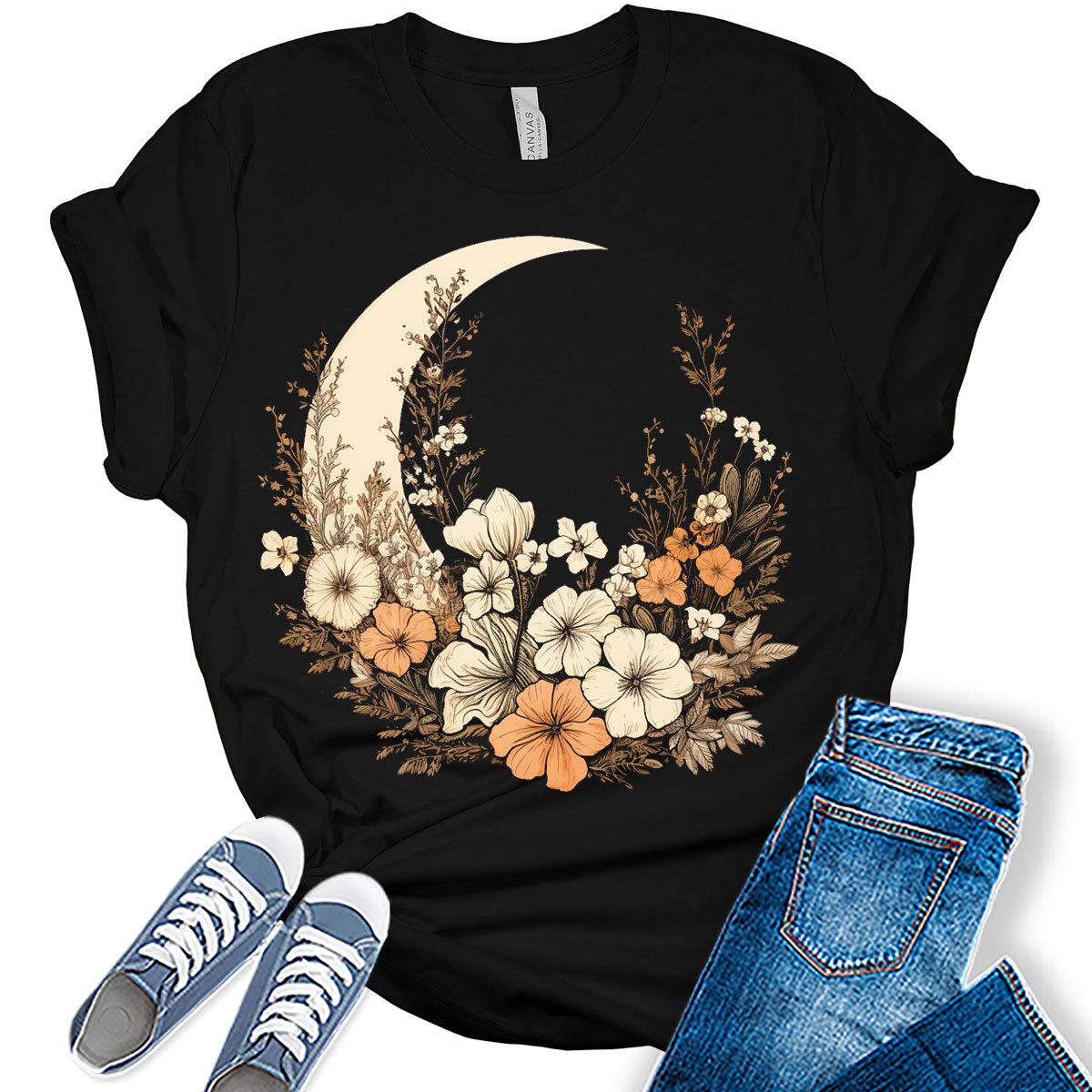 Cottagecore Shirt Boho Floral Moon Womens Graphic Tees Vintage Tops for Teens