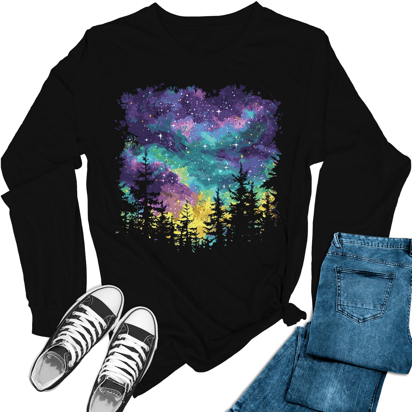 Women's Mardi Gras Night Sky Long Sleeve Graphic Tees
