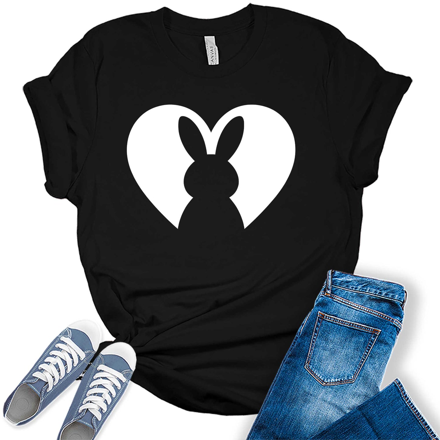 Women's Cute Easter Bunny Heart Shirt Trendy Casual Graphic Tees Bella Plus Sized Tops
