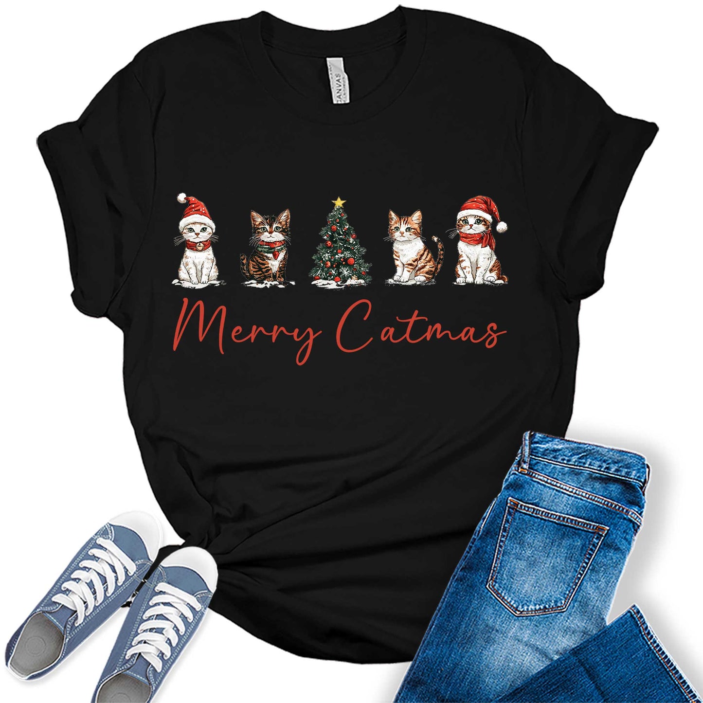 Women's Cute Santa Kittens Merry Catmas Christmas Graphic Tees
