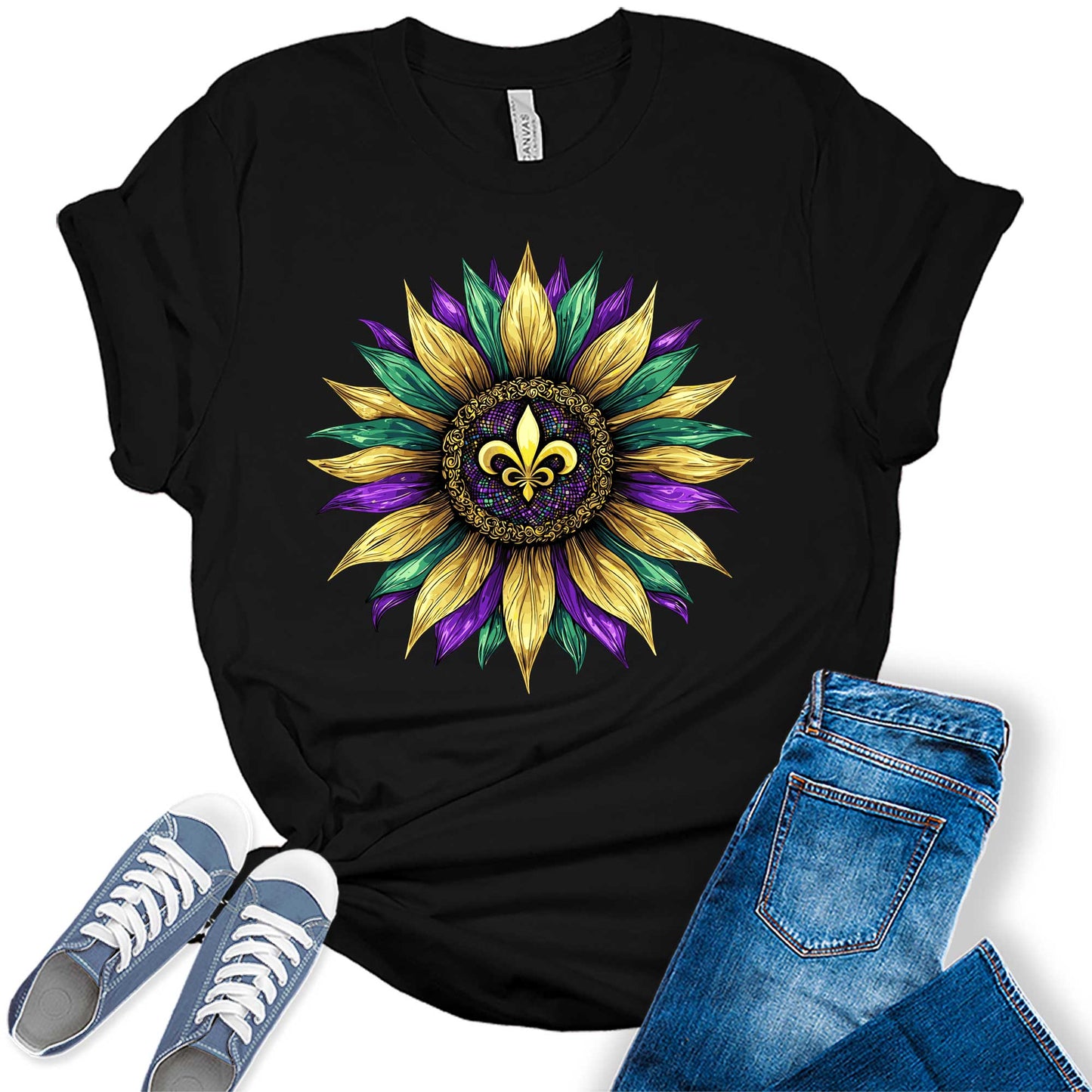 Women's Mardi Gras Shirt Cute Fleur De Lis Sunflower Graphic Tees