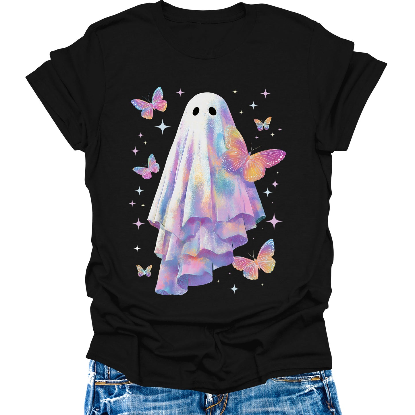 Cute Ghost Shirt for Women Halloween Butterfly Graphic Tee Short Sleeve Casual Top