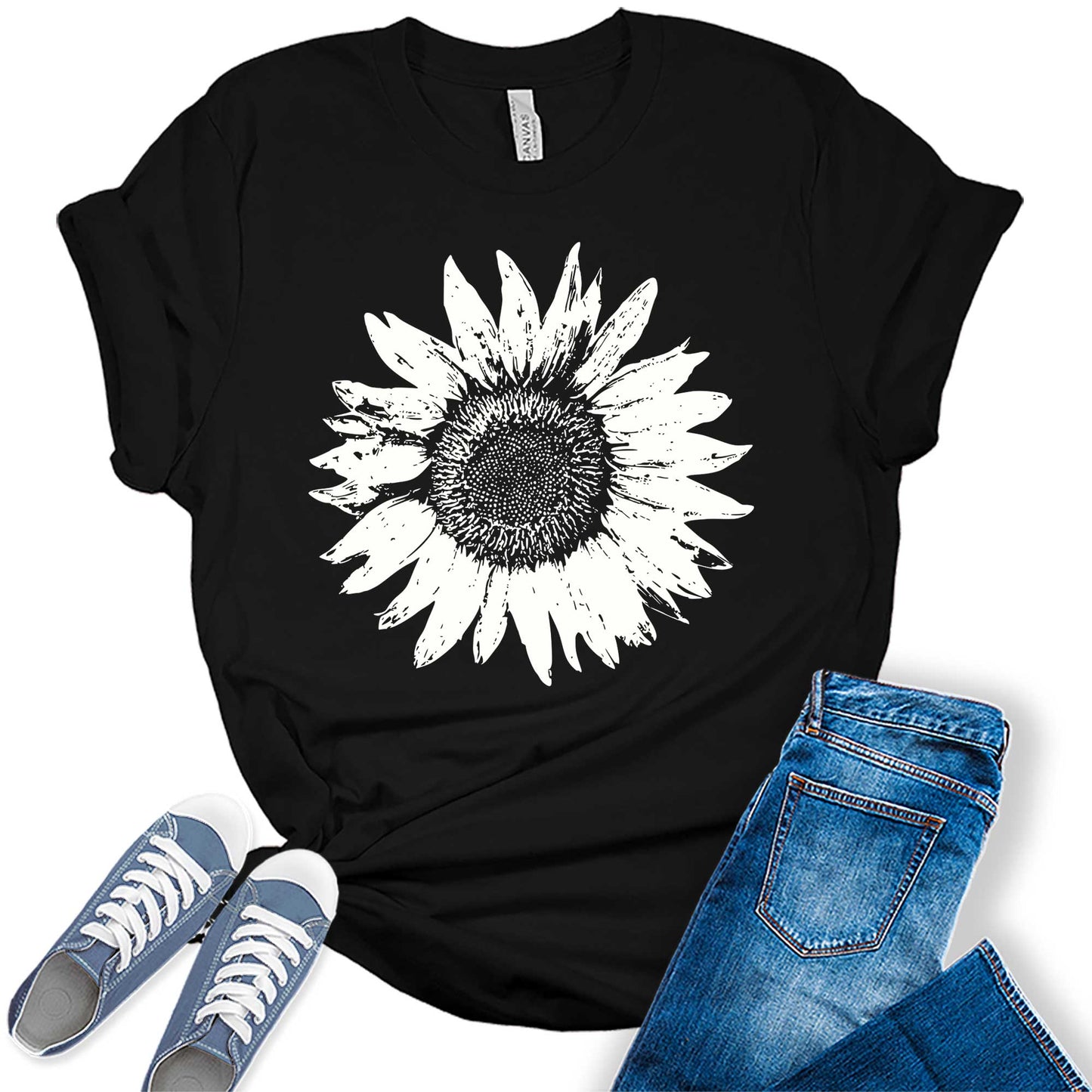 Women's Summer Short Sleeve Cute Sunflower Graphic Printed Tee Vintage T Shirt Cotton Tops Novelty Shirts