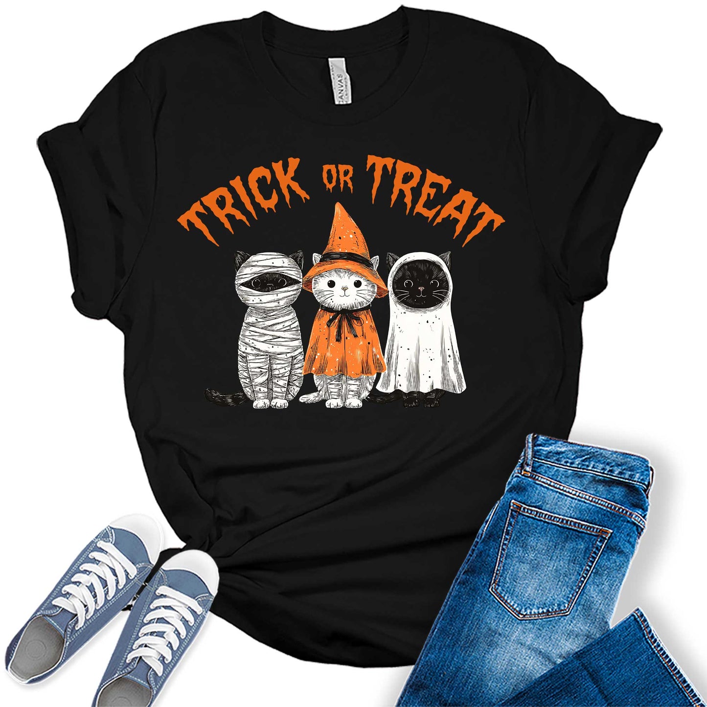Halloween Cat Shirt for Women Cute Trick or Treat Bella Graphic Tee Short Sleeve Costume Top