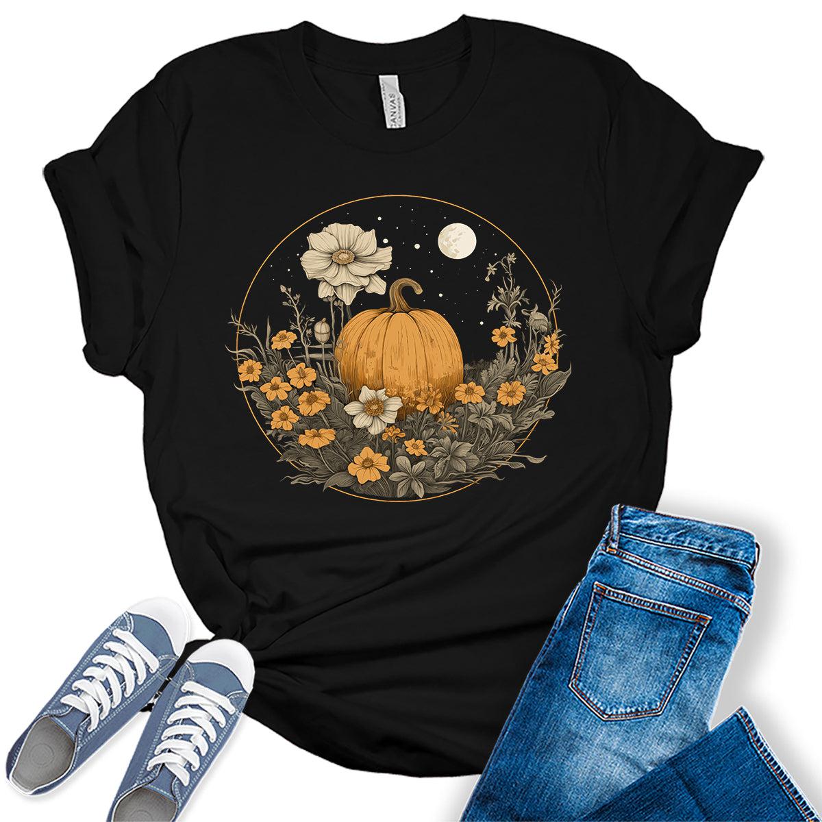 Pumpkin Cottagecore T-Shirt Womens Graphic Tees Vintage Flower Fall Shirts Girls Vintage Halloween Thanksgiving Tops