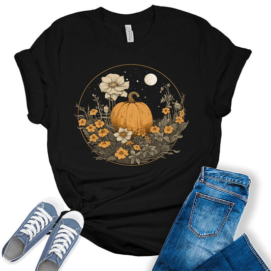 Pumpkin Cottagecore T-Shirt Womens Graphic Tees Vintage Flower Fall Shirts Girls Vintage Halloween Thanksgiving Tops
