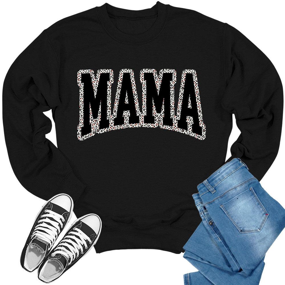 Mama Sweatshirt for Women Long Sleeve Leopard Letter Print Graphic Crewnecks