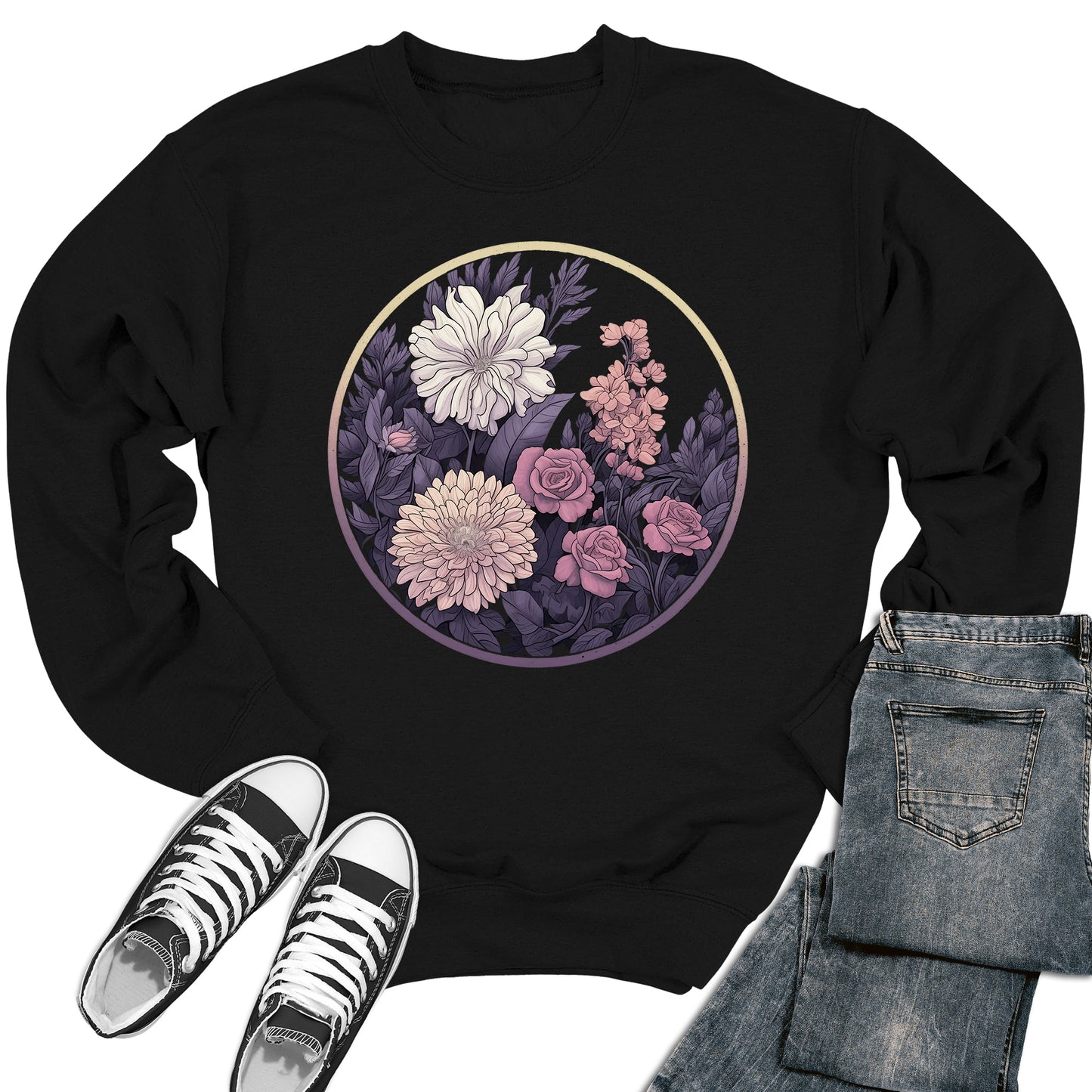 Women's Purple Floral Circle Crewneck Sweatshirt