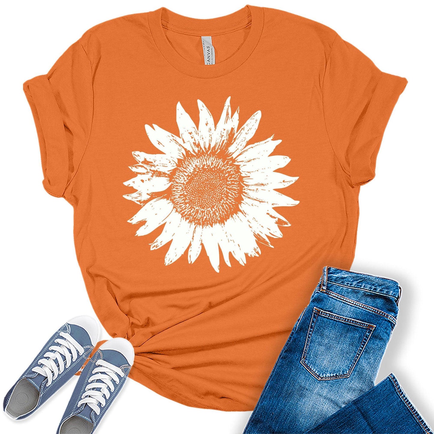 Women's Summer Short Sleeve Cute Sunflower Graphic Printed Tee Vintage T Shirt Cotton Tops Novelty Shirts