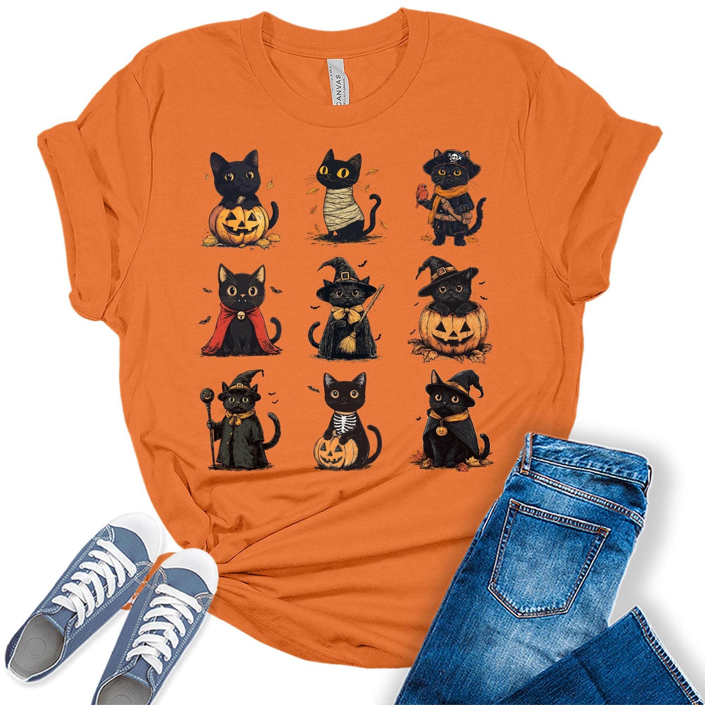 Women's Halloween Black Cat Shirt Funny Costume Graphic Tee