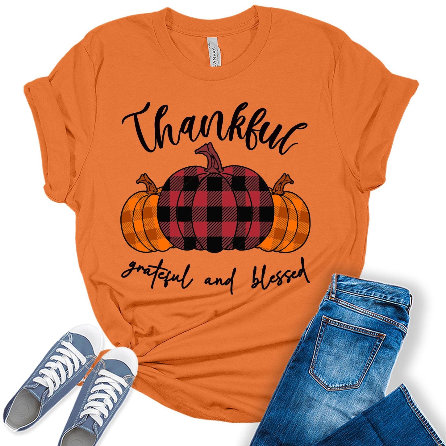 Thanksgiving Shirts for Women Graphic Tees Thankful Grateful Blessed Pumpkin T Shirt