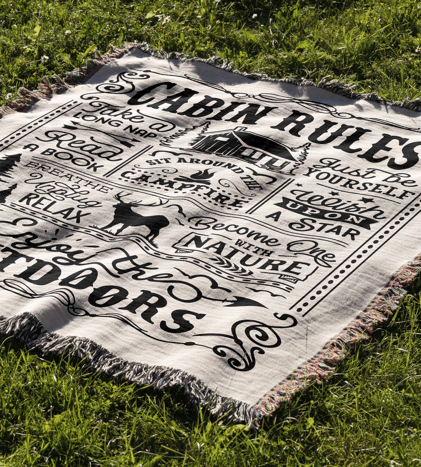 Cabin Rules Camping Hiking 50" x 60" Gift Woven Jacquard Blanket