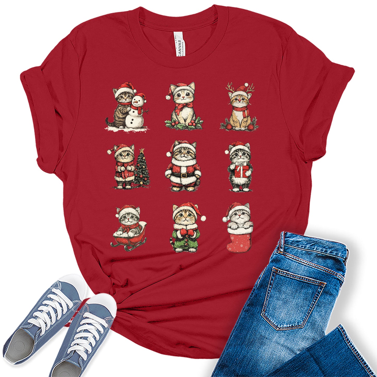 Women's Christmas Shirt Cute Funny Cat Shirt Short Sleeve Festive Holiday Graphic Tees