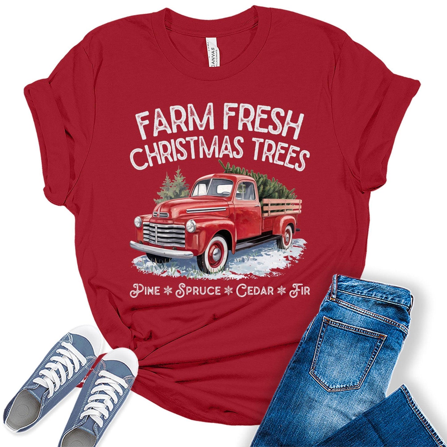 Christmas Shirts for Women Graphic Tee Farm Fresh Christmas Tree Holiday Truck Tshirt